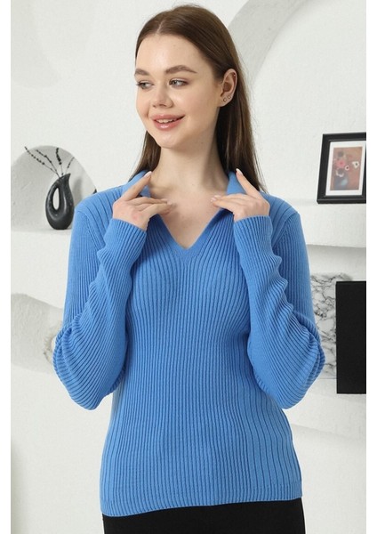 Kadın Mavi Polo V Yaka Triko Kazak fiyatları