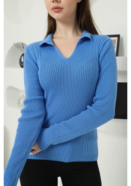 Kadın Mavi Polo V Yaka Triko Kazak modelleri