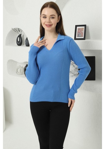 Kadın Mavi Polo V Yaka Triko Kazak fırsatları