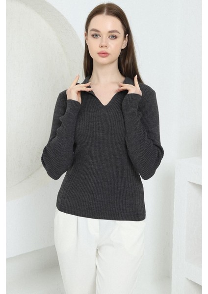 Kadın Antrasit Polo V Yaka Triko Kazak modelleri