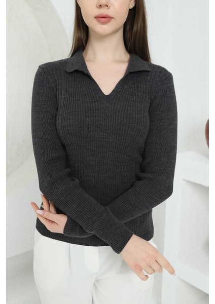 Kadın Antrasit Polo V Yaka Triko Kazak fırsatları