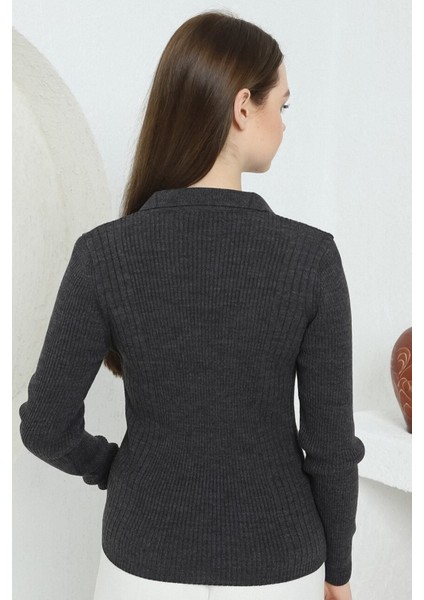 Kadın Antrasit Polo V Yaka Triko Kazak indirimleri