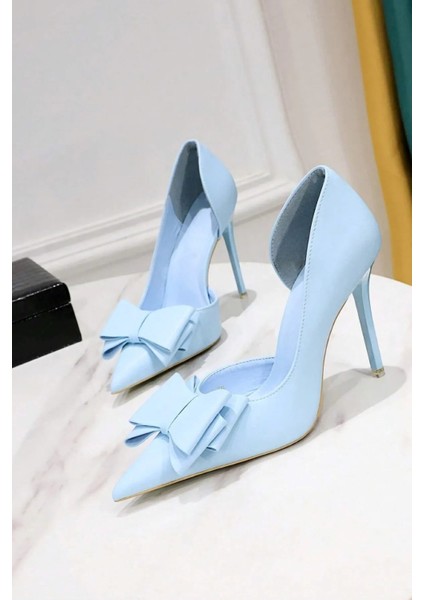 Kadın Açık Mavi Tokalı Cilt 8cm Yanı Yırtmaçlı Ince Şeffaf Kapak Stiletto Klasik Topuklu Ayakkabı
