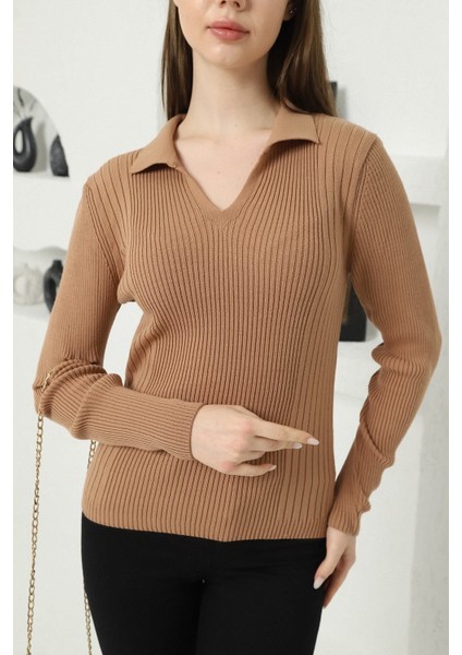 Kadın Kamel Polo V Yaka Triko Kazak