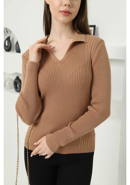 Kadın Kamel Polo V Yaka Triko Kazak fırsatları