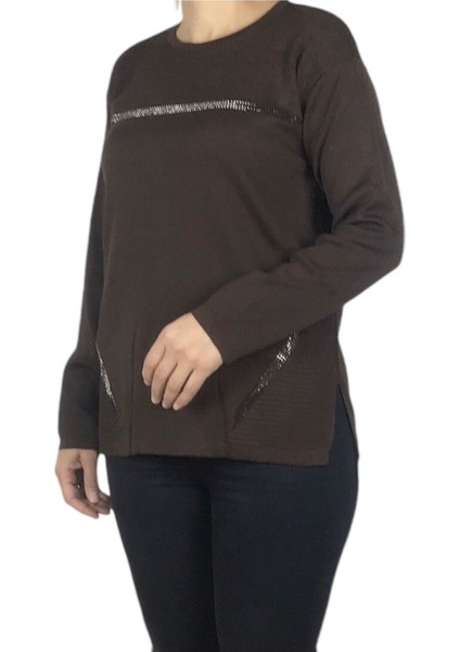 Kadın Soğuk Iplik Önü Taşlı Büyük Beden Kışlık Bluz