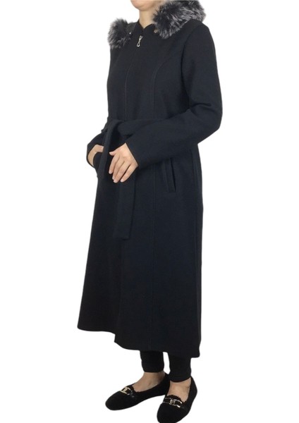 Kadın Kapşonlu Beli Kuşaklı Cepli Kalın Keçe Kap