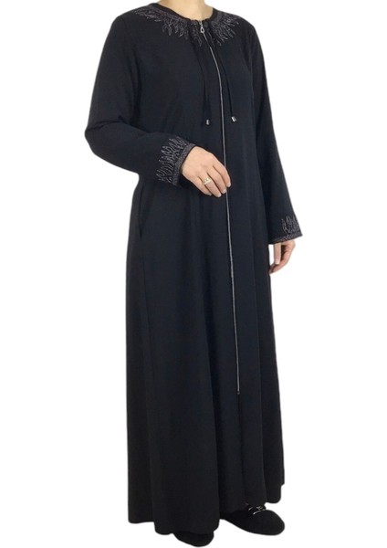 Kadın Yaka ve Kol Işlemeli Önü Fermuarlı Kulplu Ince Büyük Beden Ferace fiyatları