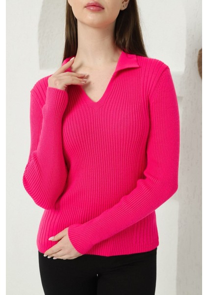 Kadın Fuşya Polo V Yaka Triko Kazak