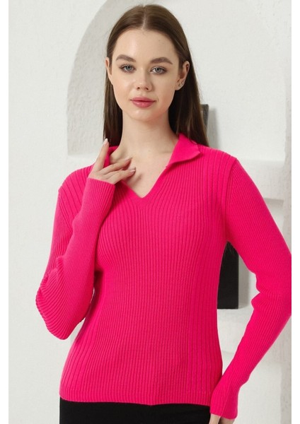 Kadın Fuşya Polo V Yaka Triko Kazak fiyatları