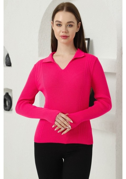 Kadın Fuşya Polo V Yaka Triko Kazak fırsatları