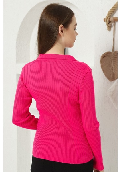 Kadın Fuşya Polo V Yaka Triko Kazak indirimleri