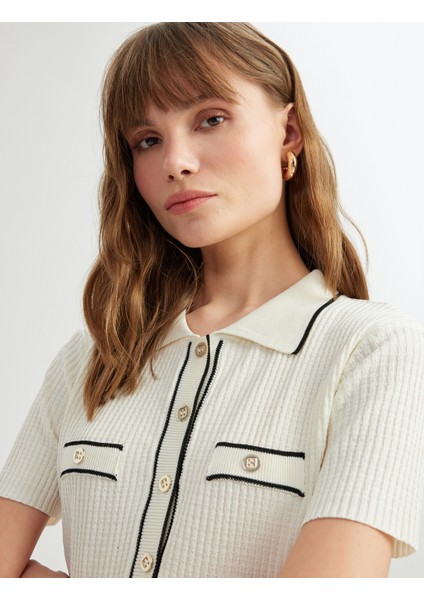 Renk Kontrast Detaylı Kısa Kollu Düğmeli Triko Polo Yaka Hırka