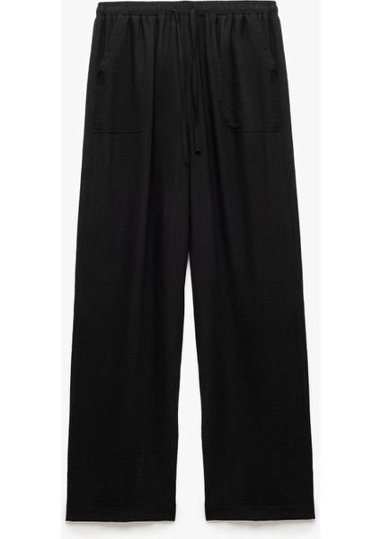 Beli Bağcıklı Geniş Paça Cepli Viskon Karışımlı Pantolon