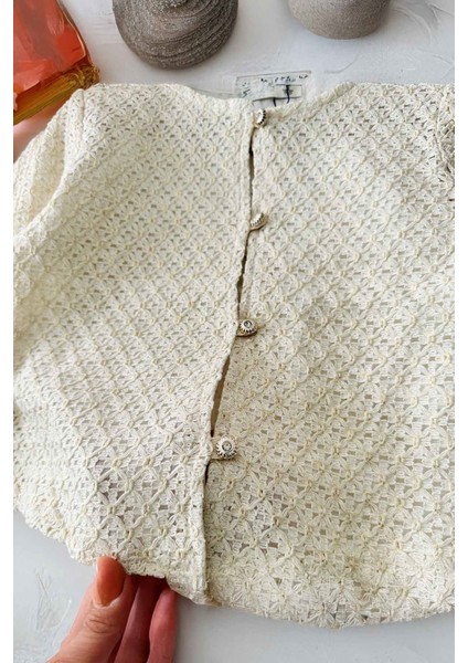 Altın Yaldızlı Örgü Desenli Kız Çocuk Pamuk Astarlı kız çocuk takım - Krem modelleri