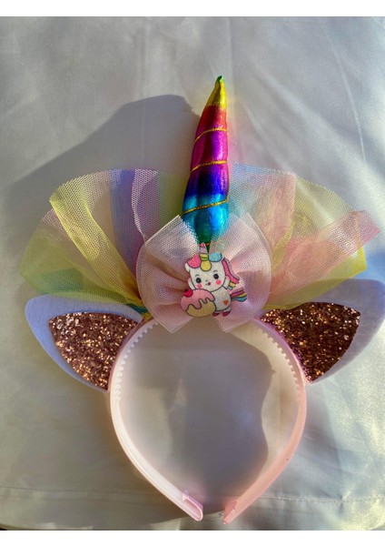 Unicornlu Simli Kulaklı Renkli Gökkuşağı Tüllü Kız Çocuk Taç