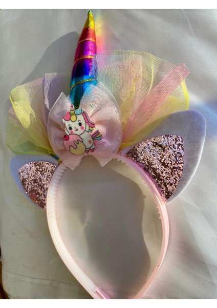Unicornlu Simli Kulaklı Renkli Gökkuşağı Tüllü Kız Çocuk Taç