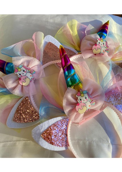 Unicornlu Simli Kulaklı Renkli Gökkuşağı Tüllü Kız Çocuk Taç