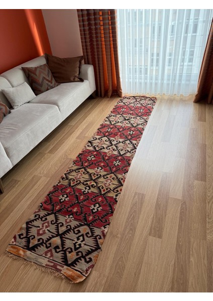 65 x 295 cm El Dokuma Türk Yolluk, Koç Boynuzlu ve Akrep Motifleri, Mükemmel Kondisyon, Benzersiz Bohem Ev Dekoru modelleri