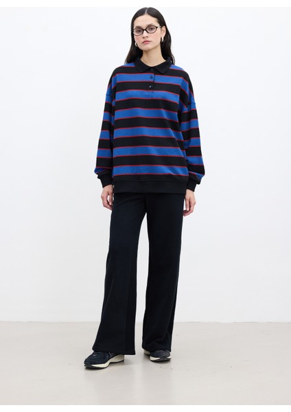 Polo Yaka Oversıze Sweatshırt Mavi