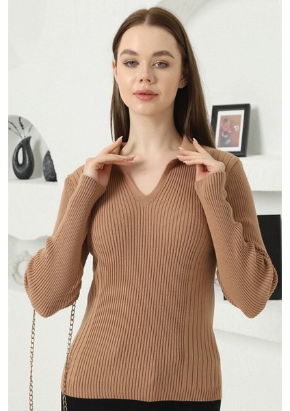 Kadın Kamel Polo V Yaka Triko Kazak fiyatları