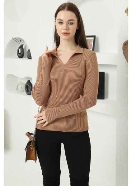 Kadın Kamel Polo V Yaka Triko Kazak modelleri