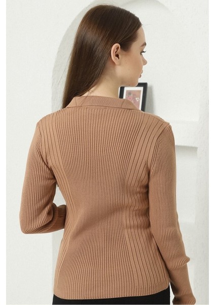 Kadın Kamel Polo V Yaka Triko Kazak indirimleri