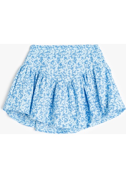 Beli Lastikli Pileli Çiçek Desenli Mini Şort Etek