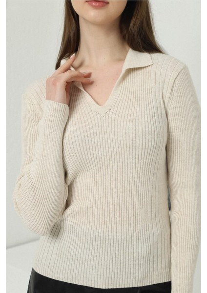 Kadın Bej Polo V Yaka Triko Kazak