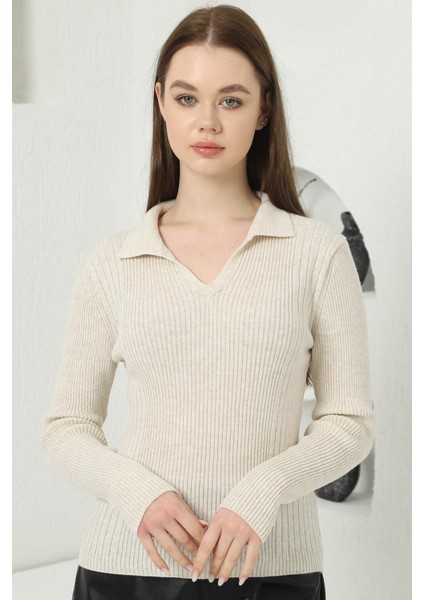 Kadın Bej Polo V Yaka Triko Kazak fiyatları