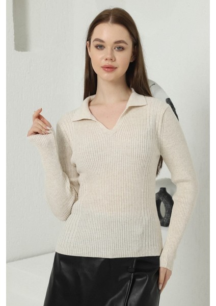Kadın Bej Polo V Yaka Triko Kazak modelleri