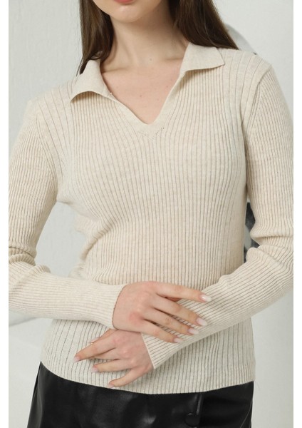 Kadın Bej Polo V Yaka Triko Kazak fırsatları