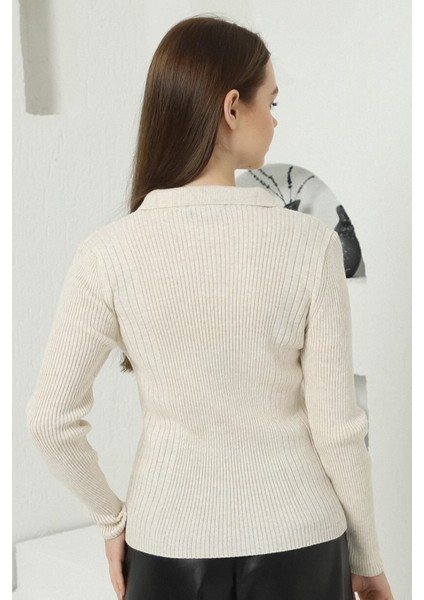 Kadın Bej Polo V Yaka Triko Kazak indirimleri