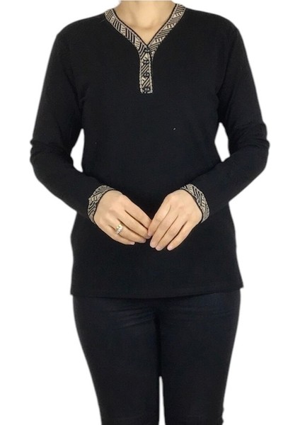 Kadın V Yaka Kolağzı ve Yakası Desenli Mevsimlik Nergis Bluz