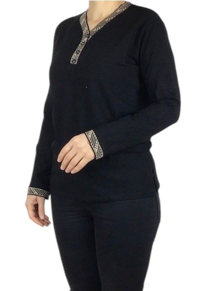 Kadın V Yaka Kolağzı ve Yakası Desenli Mevsimlik Nergis Bluz fiyatları