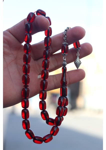 Bordo Kapsül Kesim 925 Ayar Gümüş Püsküllü Ateş Kehribar Tesbih 201023767 fırsatları