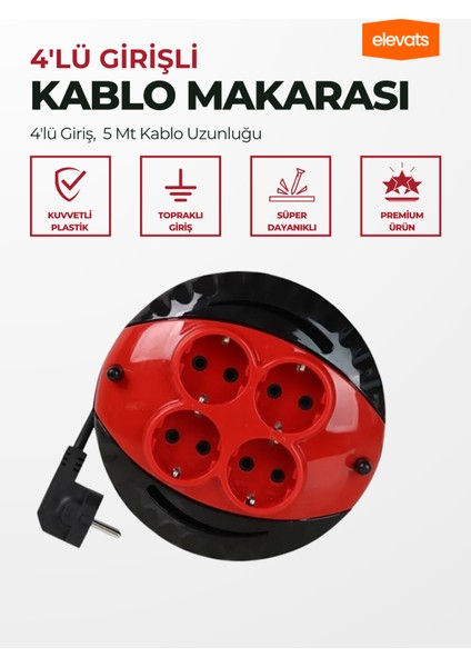 Premium Makaralı Uzatma Kablo 4 Lü 5 Metre 3X1 mm 3000 Watt