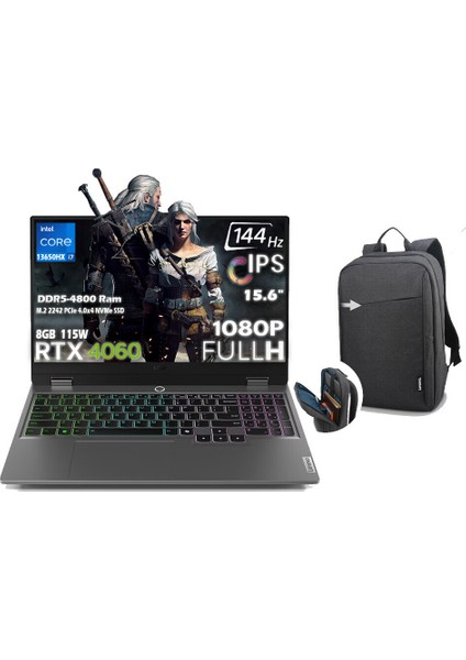 Loq 15IRX9 Intel Core I7 13650HX 40GB 512GB SSD Rtx 4060 8gb (115W) 15.6" Fhd 144Hz IPS Panel Windows 11 Pro Taşınabilir Bilgisayar 83DV011HTR H47 + B210 Siyah Çanta