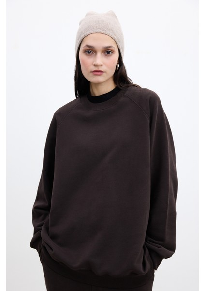 Oversıze Basıc Sweatshırt Acı Kahve