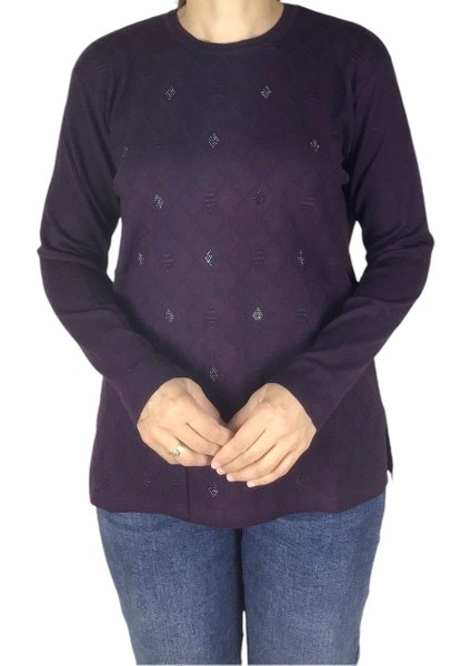 Kadın Mimoza Önü Taşlı Büyük Beden Anne Bluz