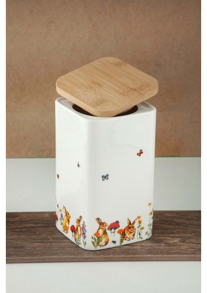 Tavşan Büyük Boy Vakumlu Bambu Kapaklı Porselen Baharatlık