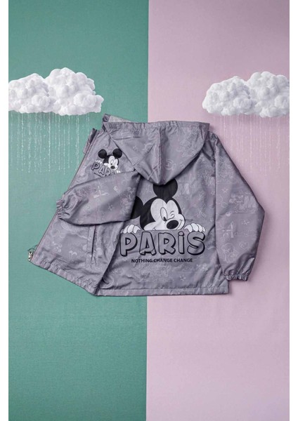 (5-8 Yaş) Mcky Paris Baskılı Erkek Çocuk Astarlı Mevsimlik yağmurluk - Gri
