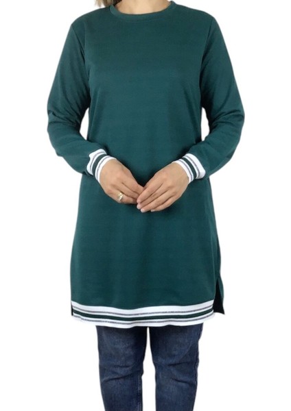 Kadın Kolağzı ve Etek Ucu Şeritli Ribana Iki Iplik Penye Spor Tunik