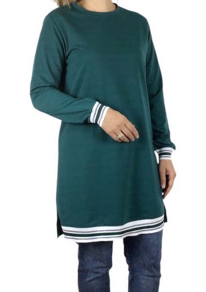 Kadın Kolağzı ve Etek Ucu Şeritli Ribana Iki Iplik Penye Spor Tunik modelleri