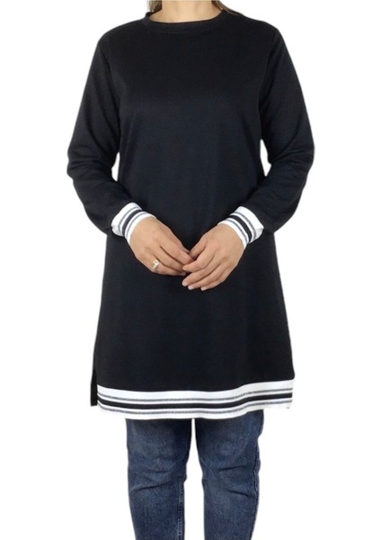 Kadın Kolağzı ve Etek Ucu Şeritli Ribana Iki Iplik Penye Spor Tunik