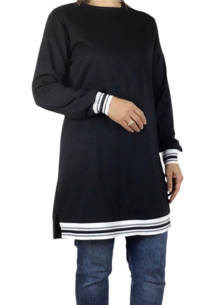 Kadın Kolağzı ve Etek Ucu Şeritli Ribana Iki Iplik Penye Spor Tunik modelleri