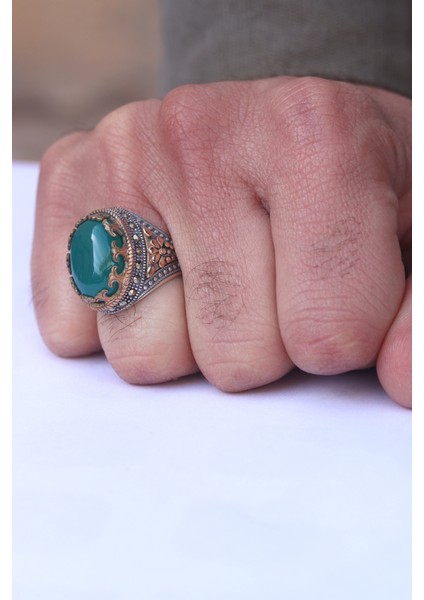 Yeşil Akik Taşlı Oval Model 925 Ayar Gümüş Erkek Yüzük 201023800 fiyatları