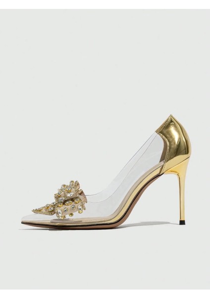 Lady Princess Gold Altın Şeffaf Nude Fiyonk Toka Taşlı 8 cm Ince Topuklu Düğün Nişan Abiye Ayakkabı modelleri