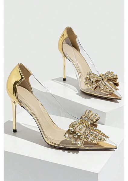 Lady Princess Gold Altın Şeffaf Nude Fiyonk Toka Taşlı 8 cm Ince Topuklu Düğün Nişan Abiye Ayakkabı