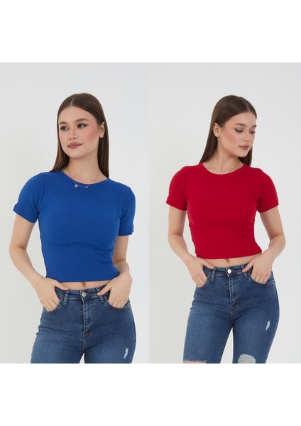 Kadın 2'li Kısa Kollu Fitilli Bisiklet Yaka Pamuklu Örme Kaşkorse Crop T-Shirt Bluz